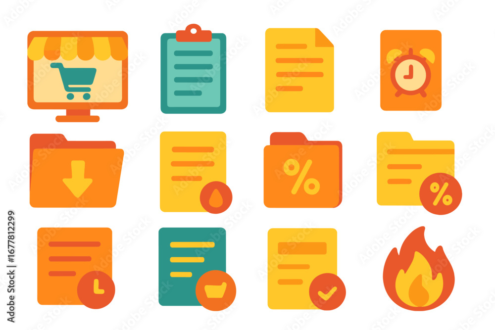 Aufkleber business and productivity icon set. essential line style graphics for efficiency