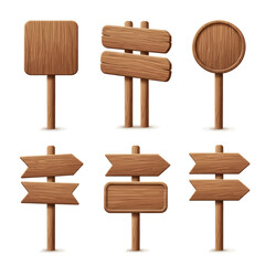 A collection of six wooden signposts with various shapes and directions, isolated on a white background.