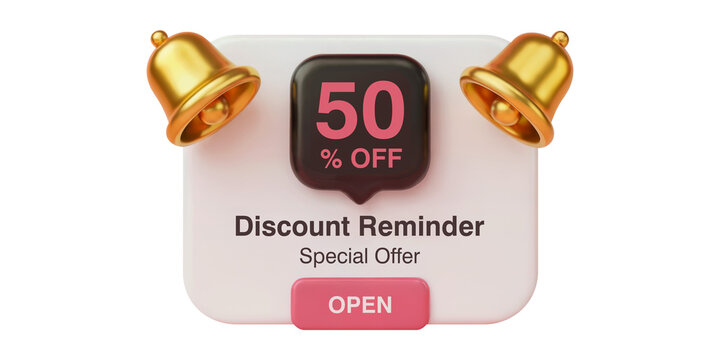 50% Off 3D Illustration of a Discount Reminder Notification with Golden Bells and Special Offer Button