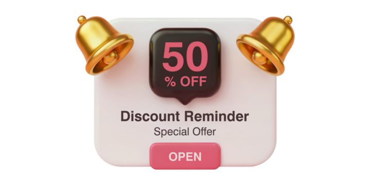 50% Off 3D Illustration of a Discount Reminder Notification with Golden Bells and Special Offer Button