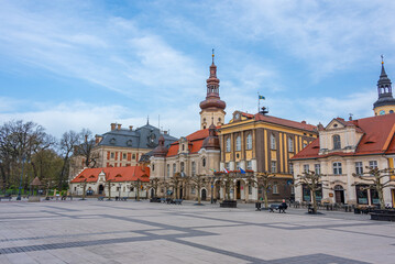 Fototapeta premium Sunrise view of the main square in Polish town Pszczyna, Poland
