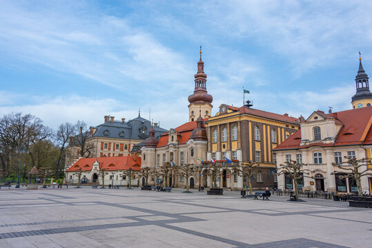 Sunrise view of the main square in Polish town Pszczyna, Poland