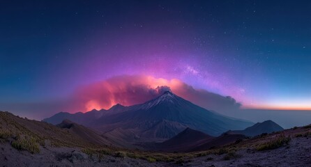 Volcanic mountain range at night under a vibrant, starry sky with a pink and purple aurora