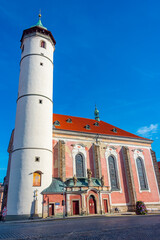 Obraz premium Nativity of virgin mary church at peace square in Domazlice, Cze