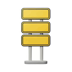 Three blank yellow road signs on a grey stand.