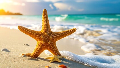Golden starfish on sandy beach