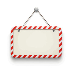 A blank hanging sign with a red and white striped border.