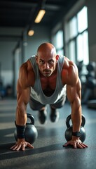 Determined man performing push-ups with kettlebells