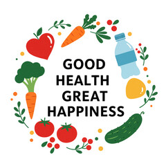 A colorful circular wreath of fresh vegetables, fruit, and water with the motivational text 'Good Health Great Happiness' promoting a healthy lifestyle.