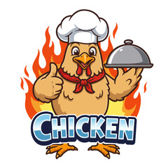 Cartoon chicken chef with a serving dish, giving a thumbs up, with fire background.
