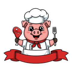 Cute cartoon pig chef in uniform holding a meat leg and a fork with a red banner for a logo or mascot.