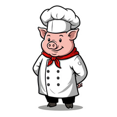 A cartoon pig dressed as a chef wearing a white uniform and a red scarf.
