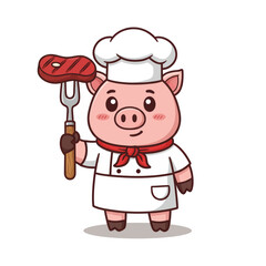 A cute cartoon pig chef holding a grilled steak on a fork, ready to serve.