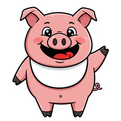 A cute cartoon piglet with a bib, waving happily.
