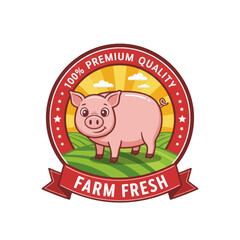 Cartoon pig on a green farm field in a circular emblem with '100% PREMIUM QUALITY' and 'FARM FRESH' text, depicting fresh produce.
