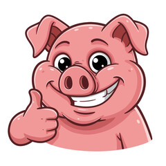 A cheerful cartoon pig with a big smile and a thumbs up gesture, looking happy.