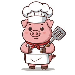 A cartoon pig chef holding a spatula, wearing a chef's hat and apron.