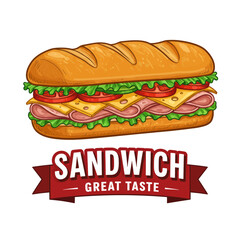 Delicious long submarine sandwich with ham, cheese, lettuce, and tomato, accompanied by a 'Great Taste' banner.