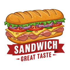 A detailed illustration of a delicious sandwich with various fillings and fresh ingredients.