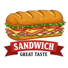A detailed illustration of a sandwich with a red ribbon banner that says 