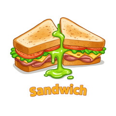A cartoon illustration of a toasted ham and cheese sandwich cut in half, with a mysterious green slime oozing from the center.