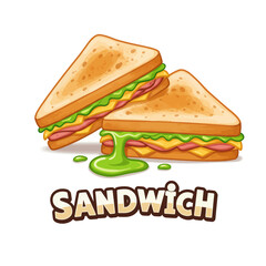 Cartoon drawing of a delicious sandwich with melted cheese and green sauce.