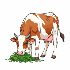 A brown and white dairy cow with horns stands and eats a pile of fresh green grass, depicted in a clean cartoon illustration style.