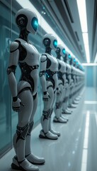 Futuristic lineup of humanoid robots in a sleek corridor