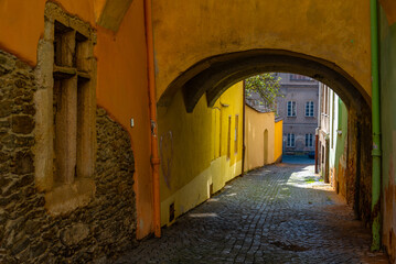 Fototapeta premium Arcade at peace square in Domazlice, Czech republic