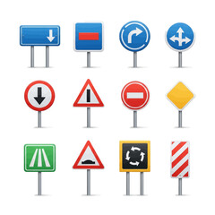 A collection of various international road traffic signs and symbols displayed on poles against a white background.
