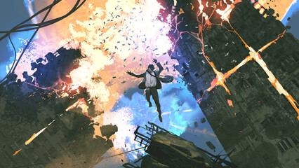 A suited man falls through the sky as skyscrapers explode around him, scattering debris and flying banknotes, digital art style, illustration painting