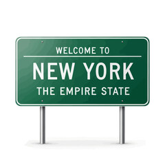 A green road sign with white text welcoming travelers to New York, The Empire State, on a white background.