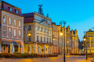 sunrise view of colourful houses at Stary Rynek square in Poznan