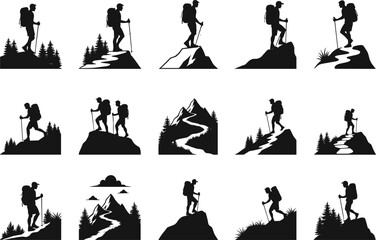 Hiking silhouettes, outdoor adventure scenes, mountain trekking, forest exploration, backpackers with walking sticks, nature landscape, climbing trails, travel exploration