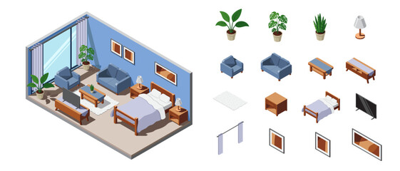 Isometric hotel room interior. Hotel room with bed, window, tv, sofa and table. Set of bedroom furniture. Isometric hotel room