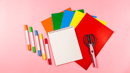 Back to school concept, flat lay of vibrant school or office colorful supplies, school stationery...