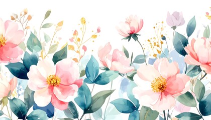 Delicate floral arrangement in soft pinks, pastels, and teal, with intricate leaves and blossoms, set against a clean white backdrop, conveying a sense of serenity and beauty.