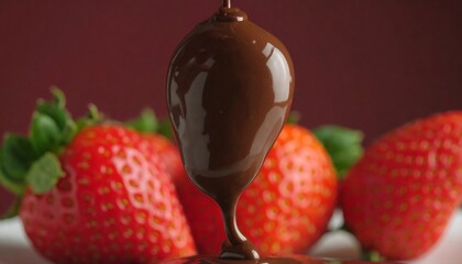 Melted chocolate dripping onto a strawberry