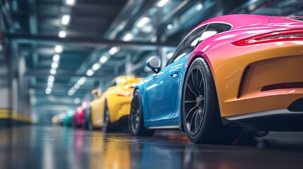 Row of vibrant luxury sports cars lined in a modern showroom, ready for enthusiastic customers