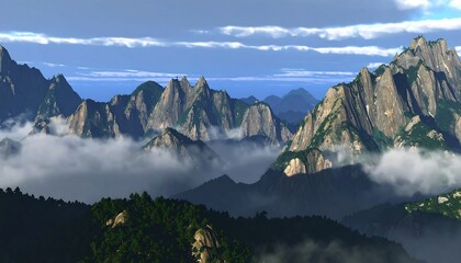 Mountain range panorama with mist