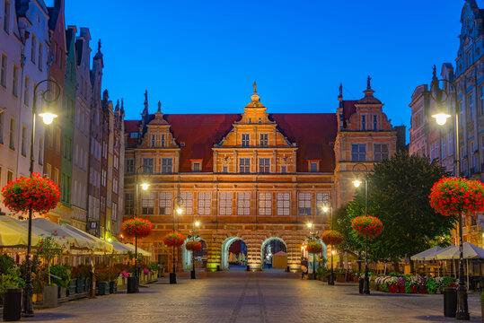 Sunrise view of Green gate from Dlugi Targ square in Gdansk, Pol