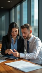 Focused business partners collaborating on a tablet