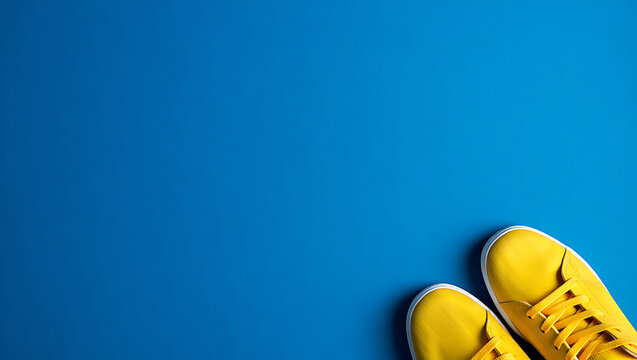 Bright yellow sneakers on vibrant blue background fashion - Powered by Adobe