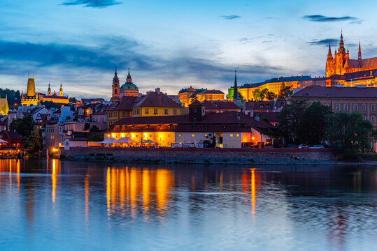Sunset view of the Prague castle and vltava river in Prague, Cze