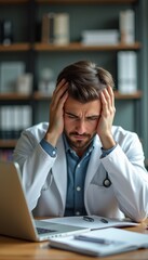 Obraz premium Stressed doctor with head in hands at desk