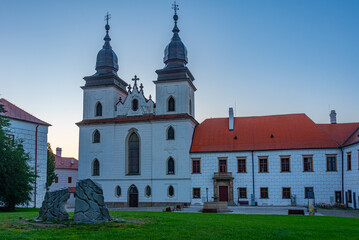 Sunset view of Saint Prokop basilica in Trebic in Czech republic