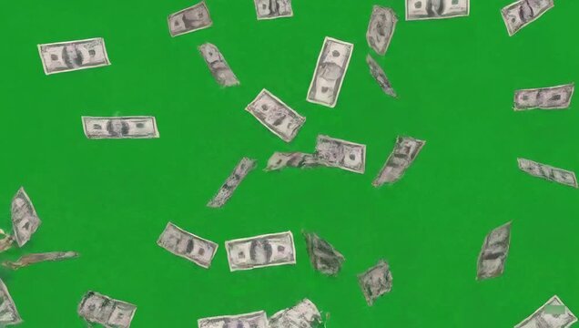 Falling dollar bills on green screen background, creating a raining money effect. Perfect for video editing, financial concepts, wealth, success, business promotions, and creative visual effects. - Powered by Adobe
