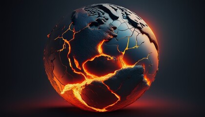 cracked earth globe with lava visualization on dark background