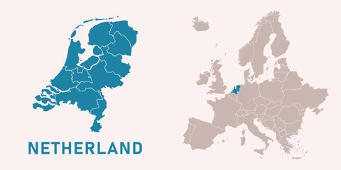 Map of Netherlands with administrative divisions and highlighted position on Europe map. Isolated on white background. Vector illustration.