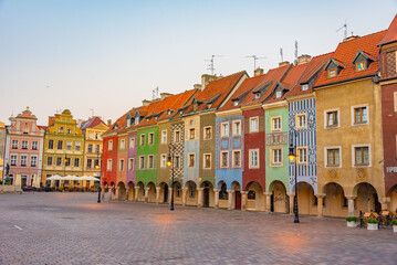 sunrise view of colourful houses at Stary Rynek square in Poznan